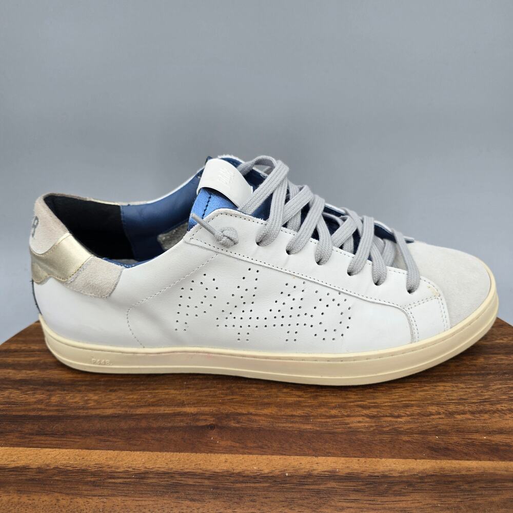 P448 John Shoes Womens 11.5 42 White Blue Gold Leather Italy Low Top Sneakers